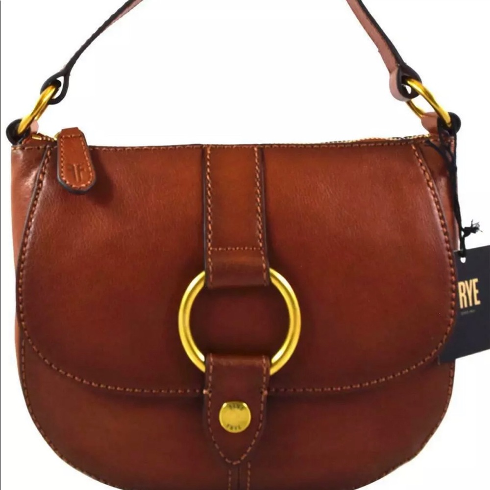 NWOT Frye cognac zip-top shoulder bag. MSP $298